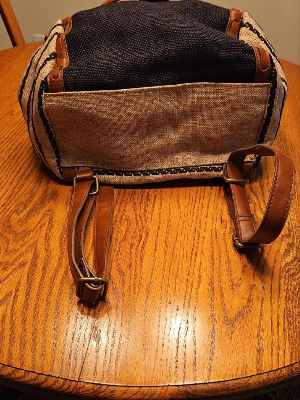 Lucky Brand Kendal Striped Canvas & Brown Leather Drawstring Backpack